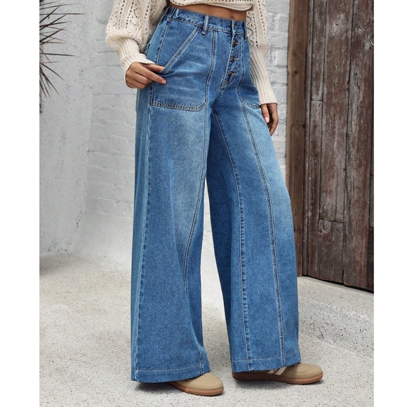 Medium Wash Blue Wide leg Button Fly Wide leg Denim Jeans - Picture 3 of 5
